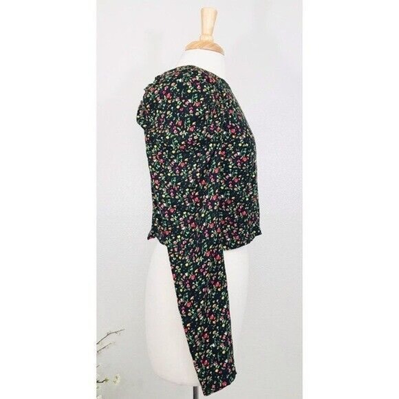 AFRM Top Garden Floral Blouse Puffed Drape Sleeve Black Viscose Zip, M - Picture 6 of 16